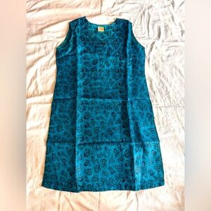 Teal Sleeveless Silk Kurti with Black Pattern
